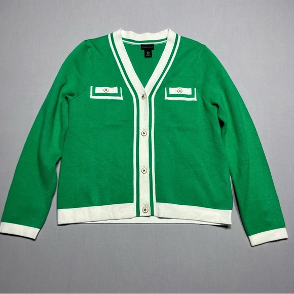 Adrienne Vittadini Womens Large Cardigan Sweater Green White Long Sleeve V-Neck - Picture 1 of 10